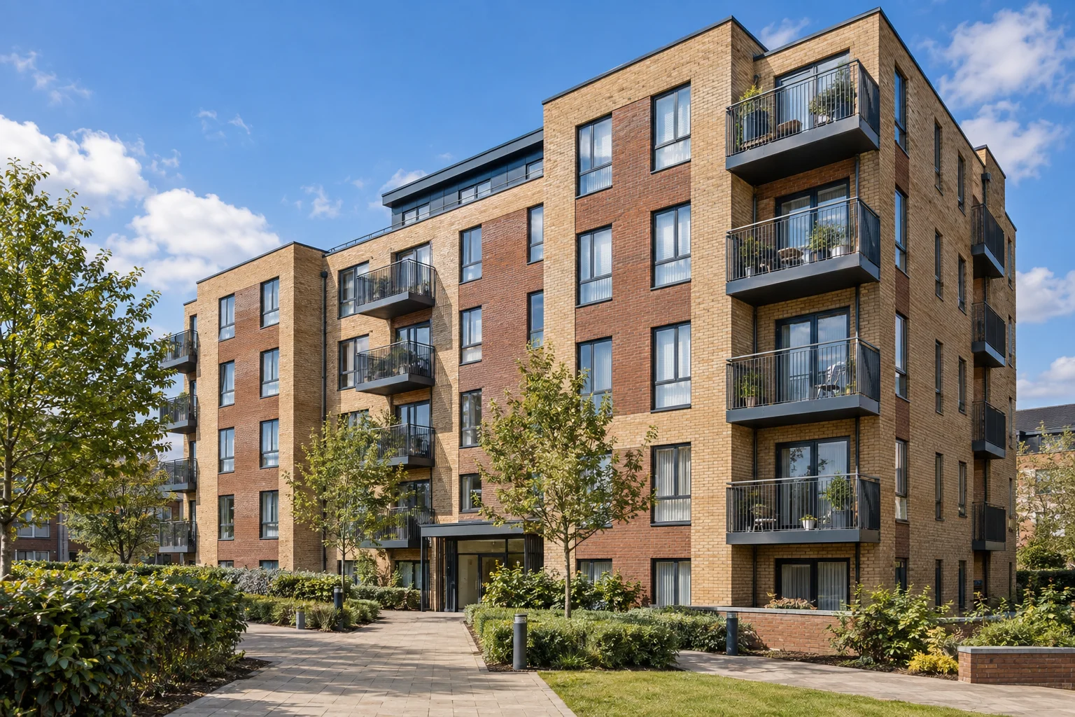 Illustrative residential apartment building with brick façades, balconies and landscaped communal grounds