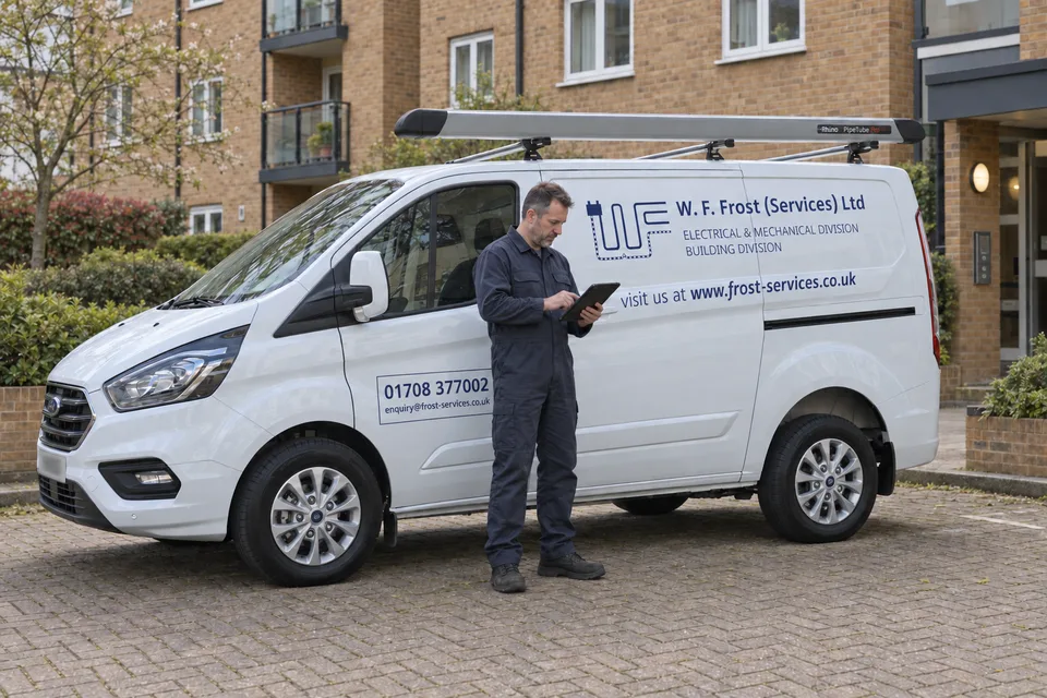 AI-created illustration of a man in navy overalls using a tablet beside a Frost Services van outside a residential block
